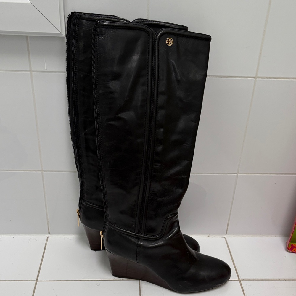 Tory Burch Black Leather Wedge Boots